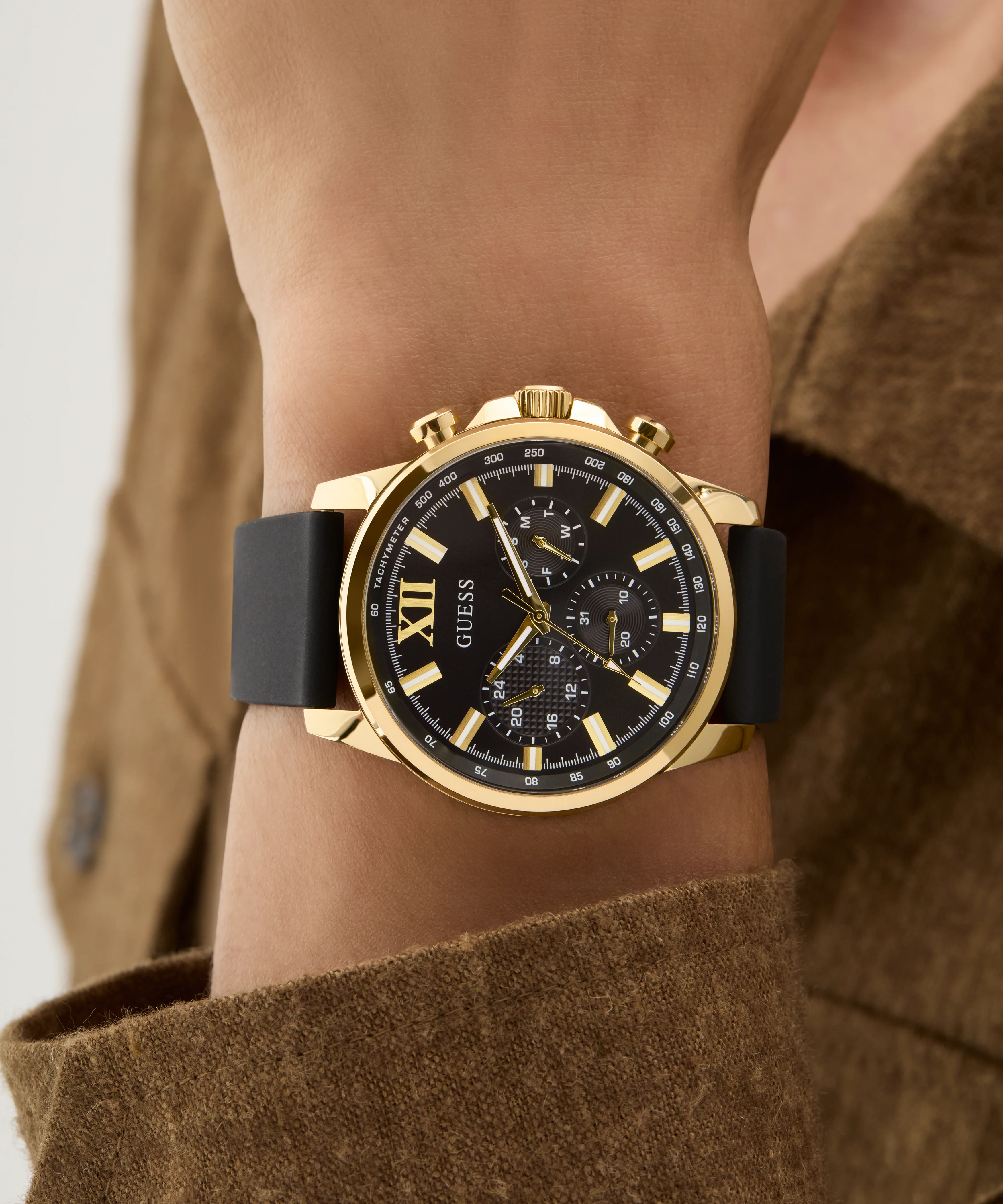 GUESS Mens Black Gold Tone Multi-function Watch - Image 4