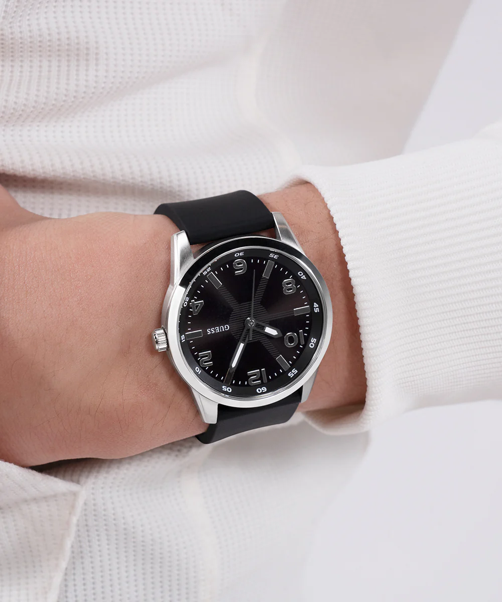 GUESS Mens Black Silver Tone Analog Watch - Image 5