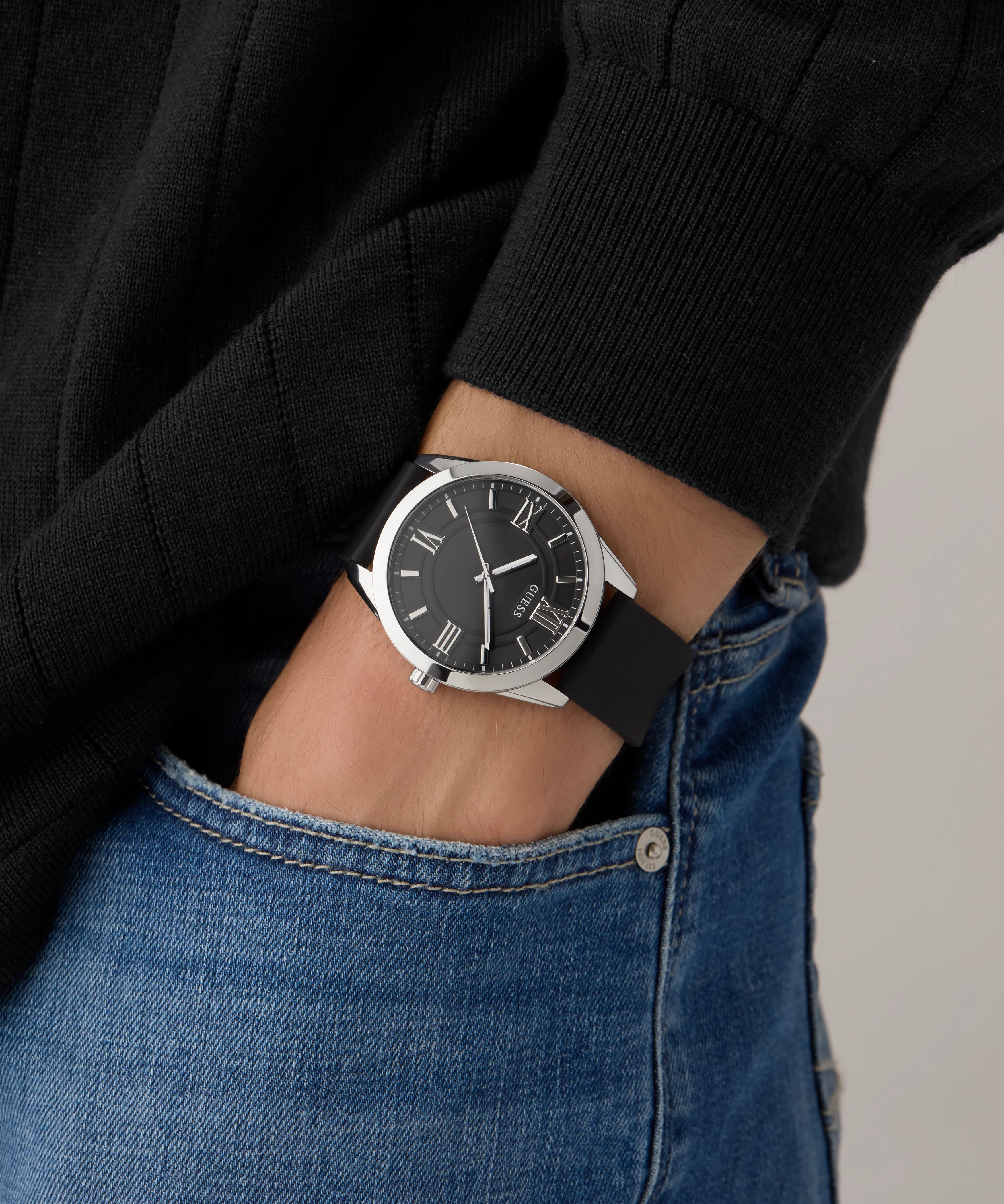 GUESS Mens Black Silver Tone Analog Watch - Image 3