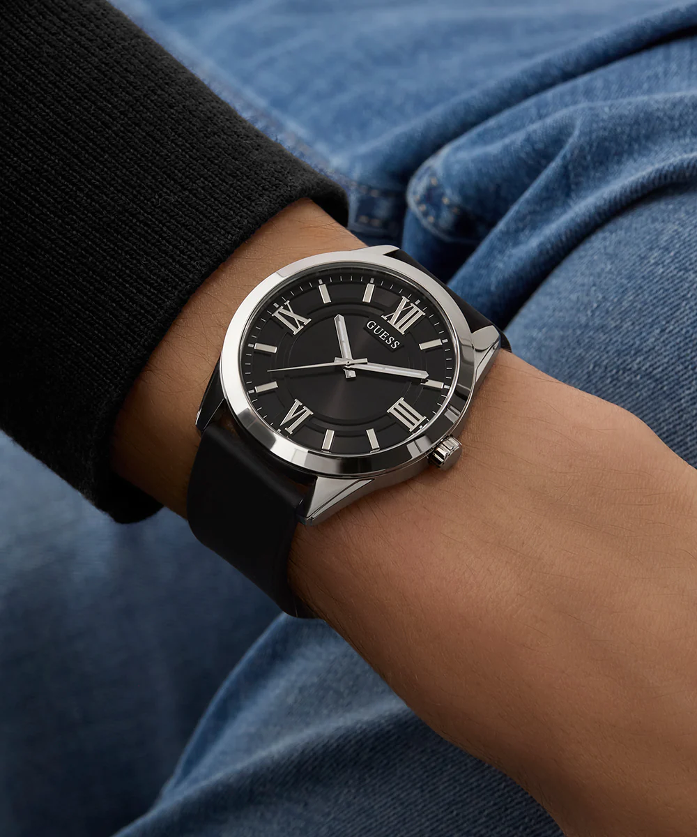 GUESS Mens Black Silver Tone Analog Watch - Image 6