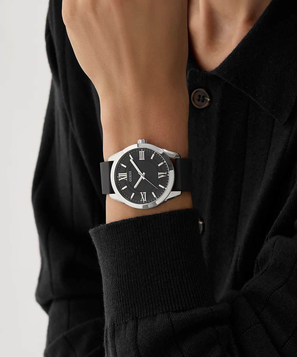 GUESS Mens Black Silver Tone Analog Watch - Image 7