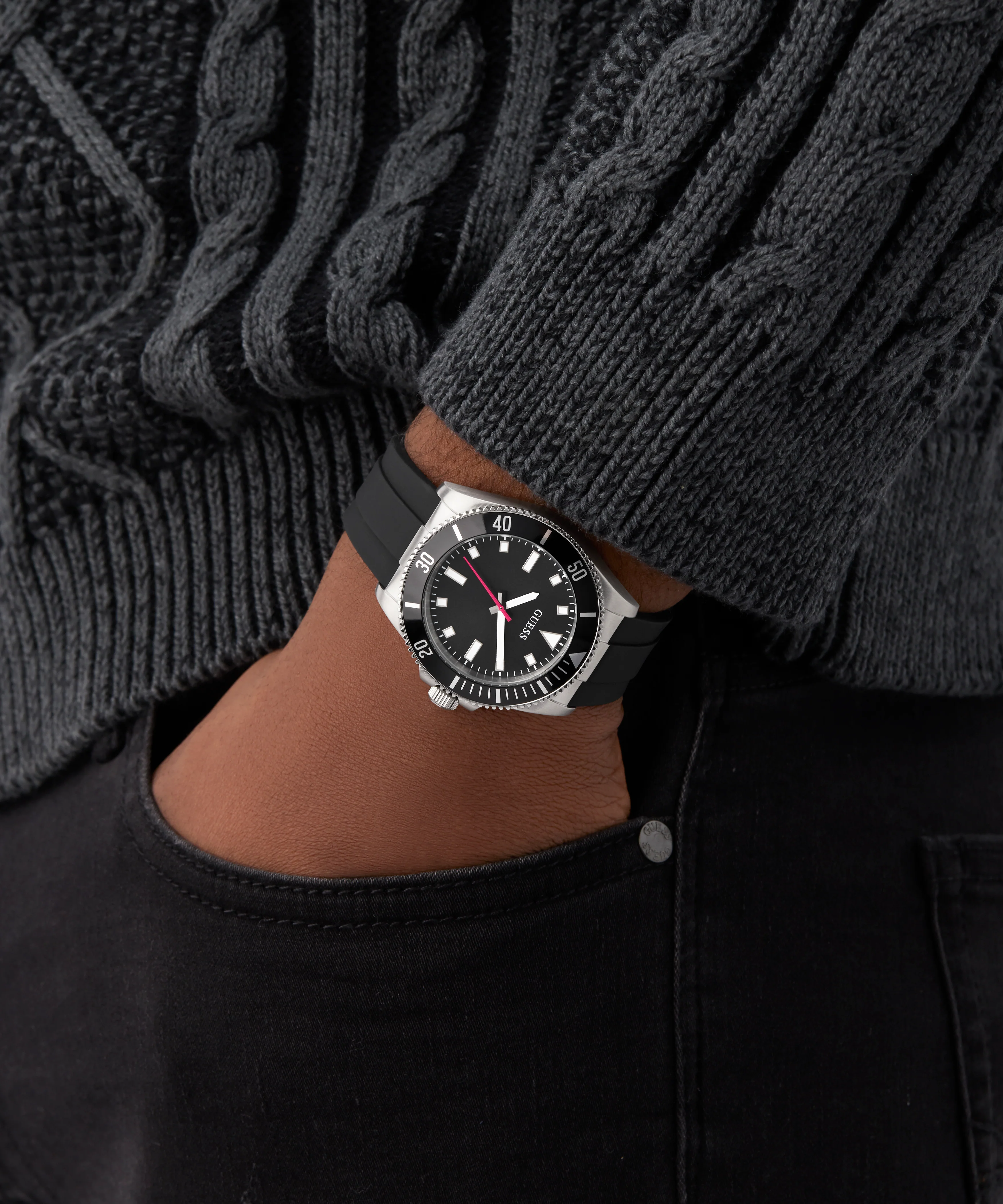 GUESS Mens Black Silver Tone Analog Watch - Image 6