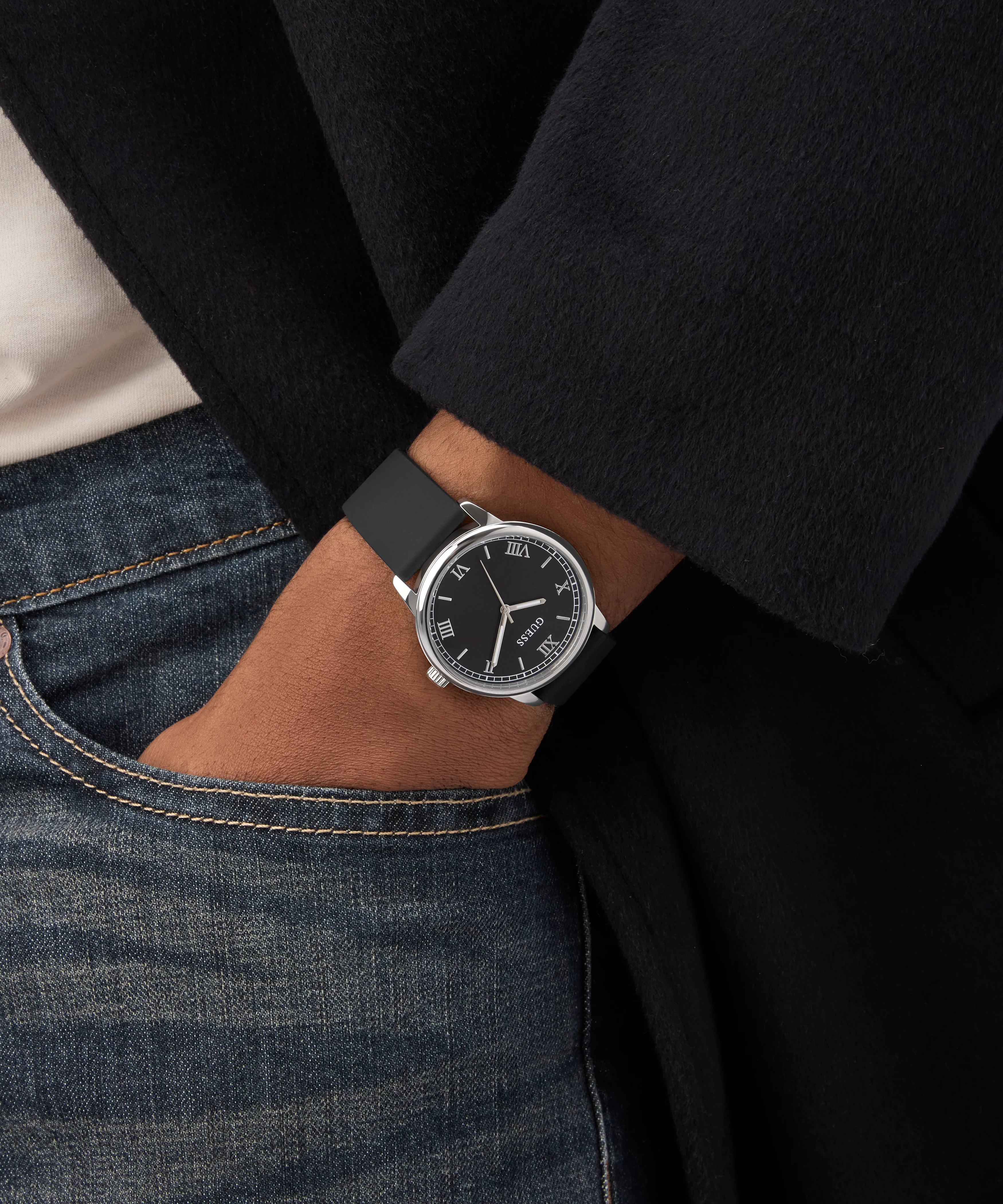 GUESS Mens Black Silver Tone Analog Watch - Image 5