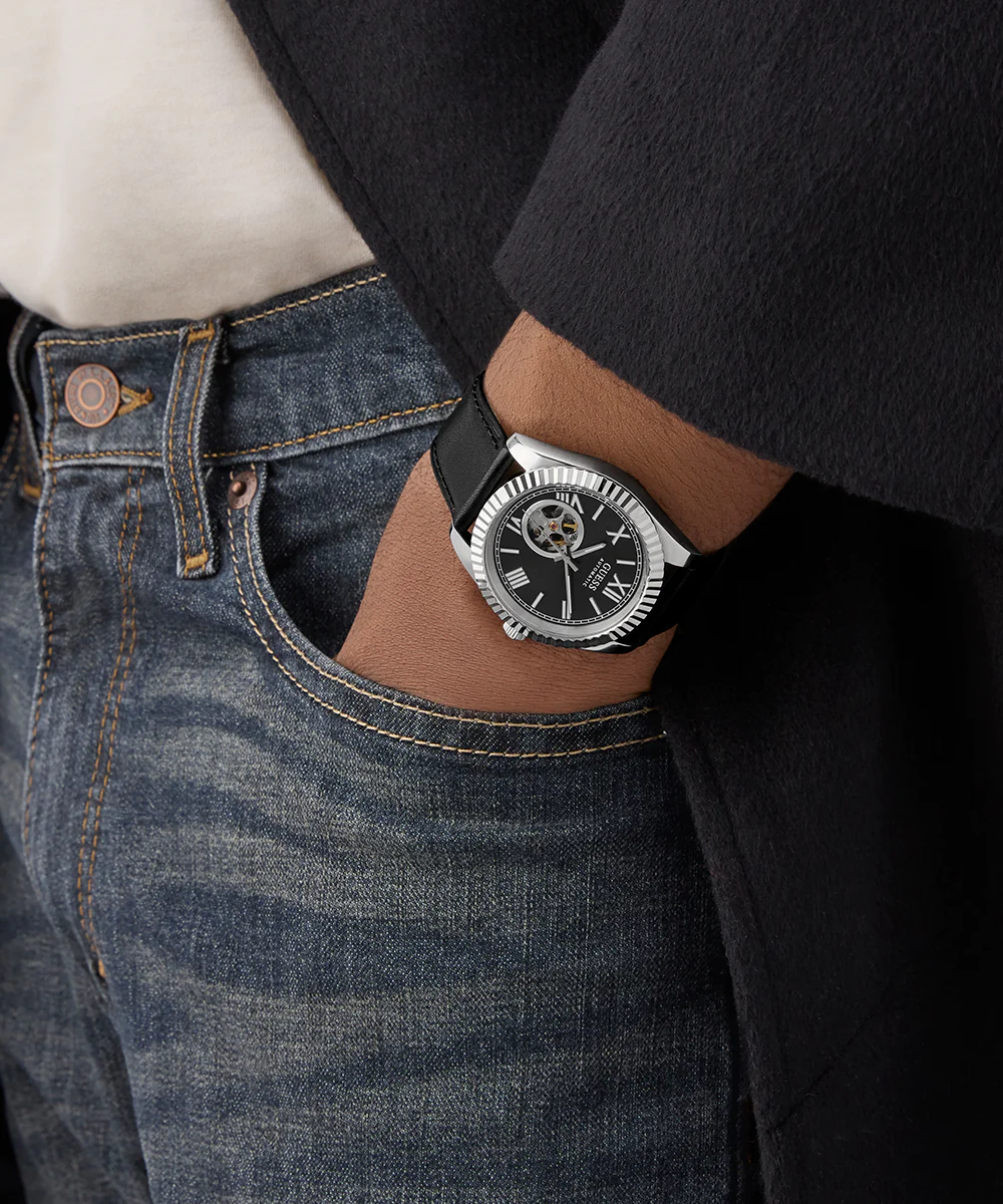 GUESS Mens Black Silver Tone Automatic Watch - Image 3
