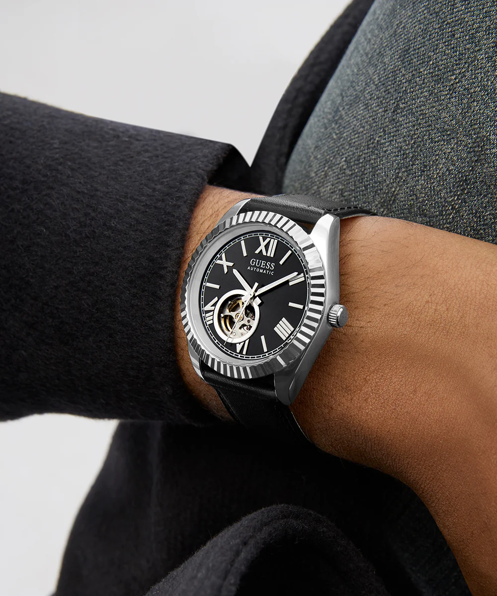 GUESS Mens Black Silver Tone Automatic Watch - Image 5