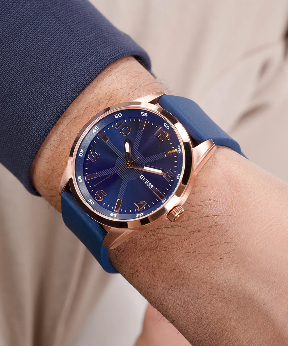GUESS Mens Blue Rose Gold Tone Analog Watch - Image 3
