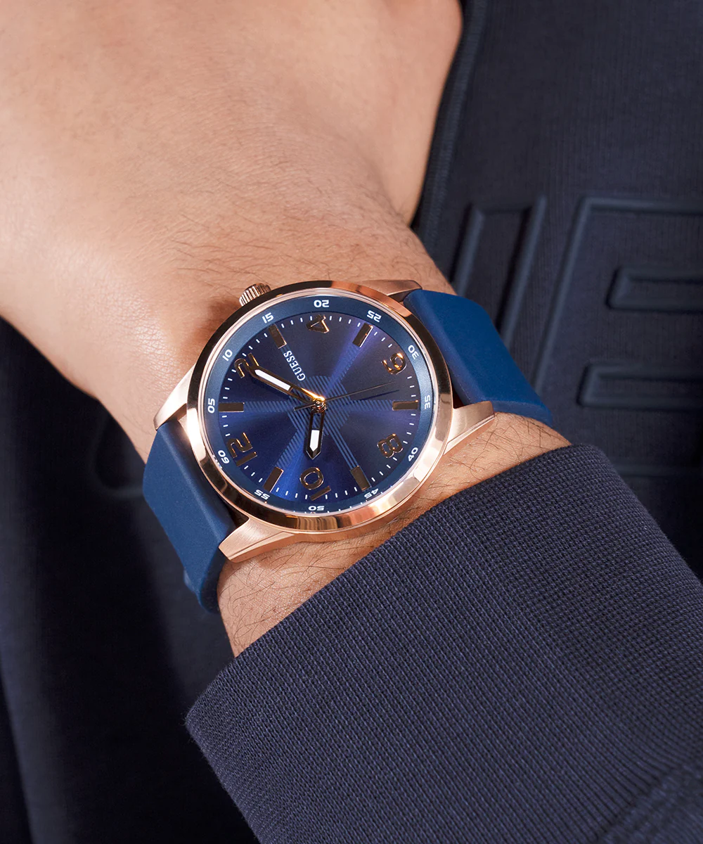 GUESS Mens Blue Rose Gold Tone Analog Watch - Image 5