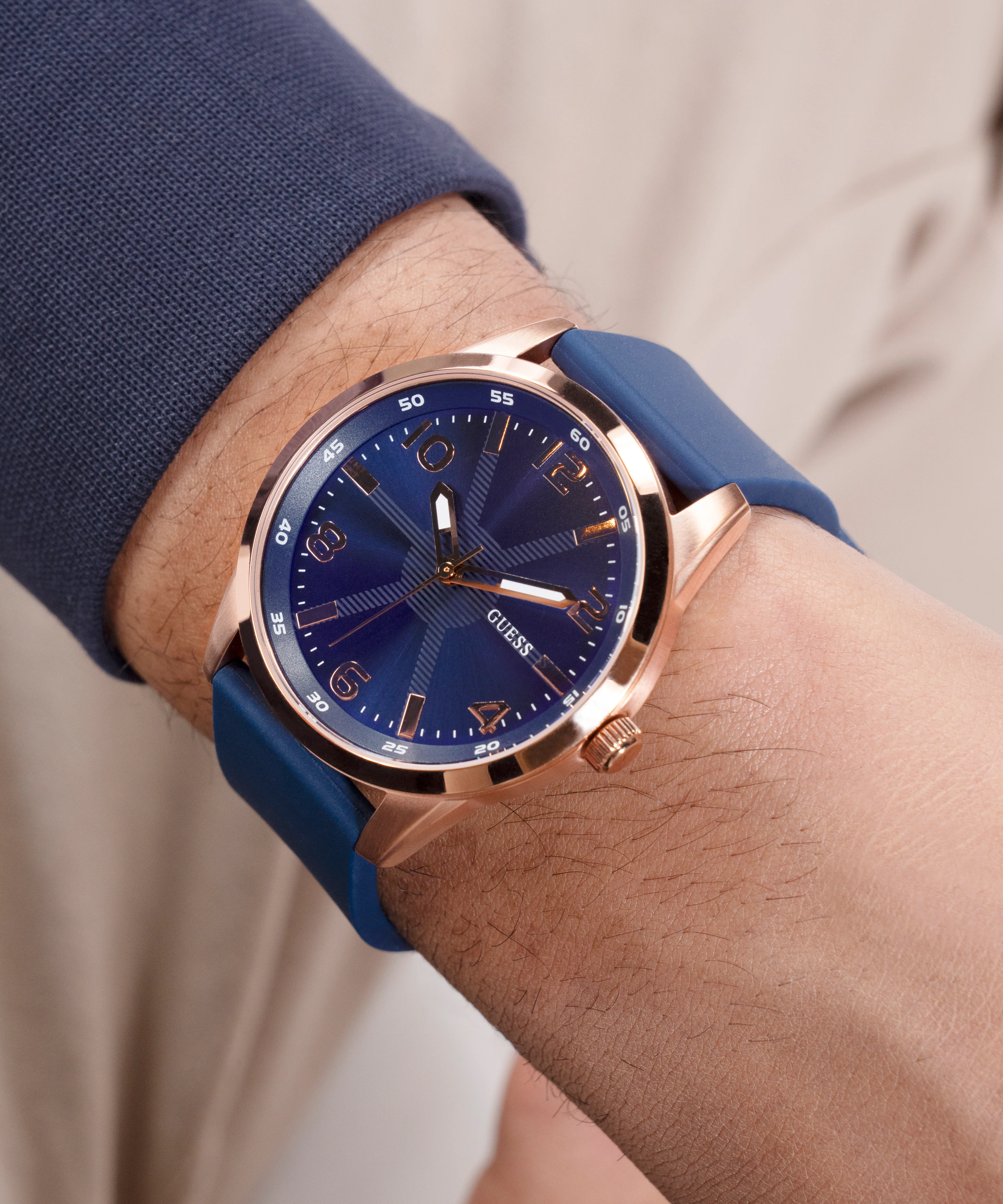 GUESS Mens Blue Rose Gold Tone Analog Watch - Image 6