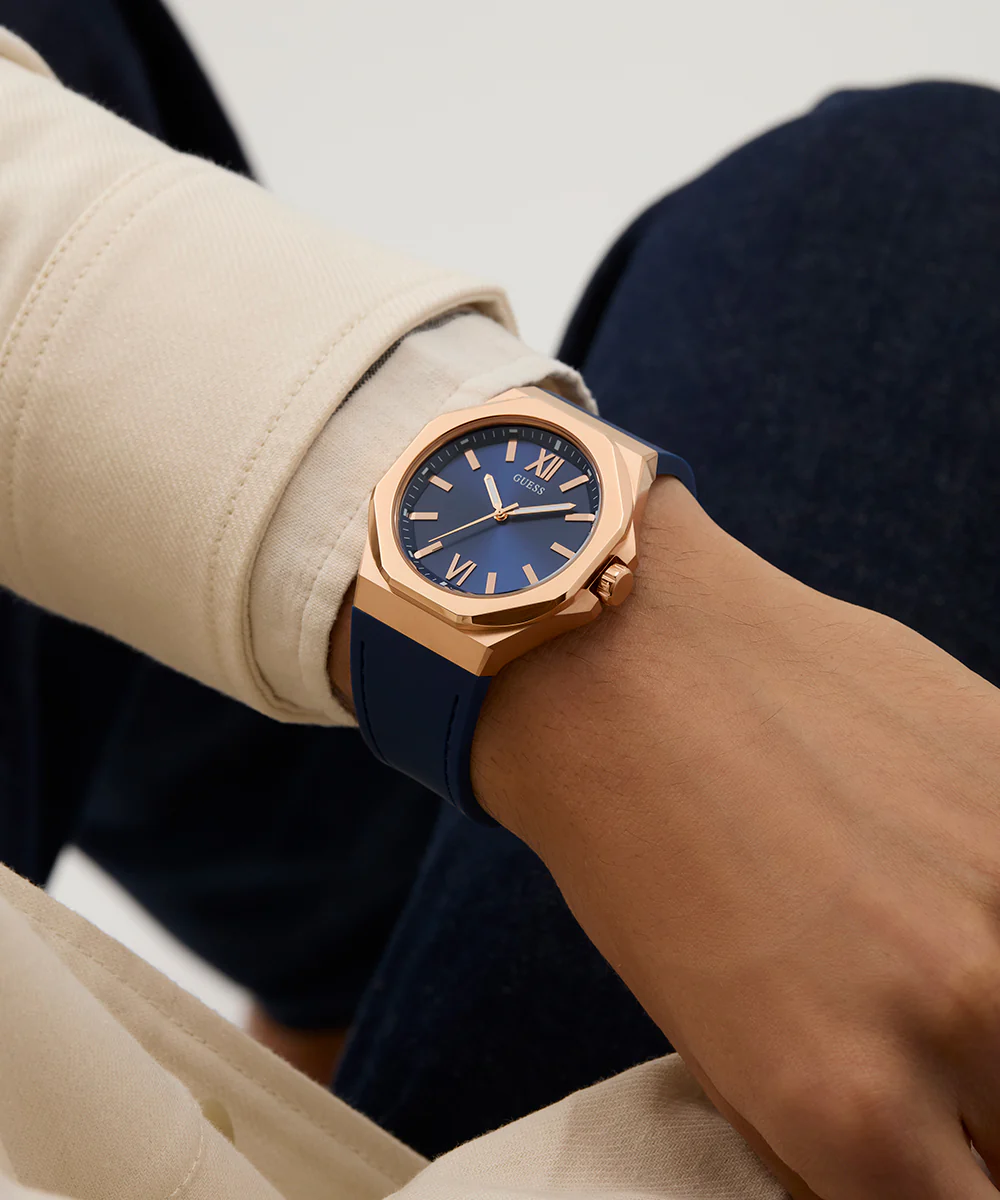 GUESS Mens Blue Rose Gold Tone Analog Watch - Image 4