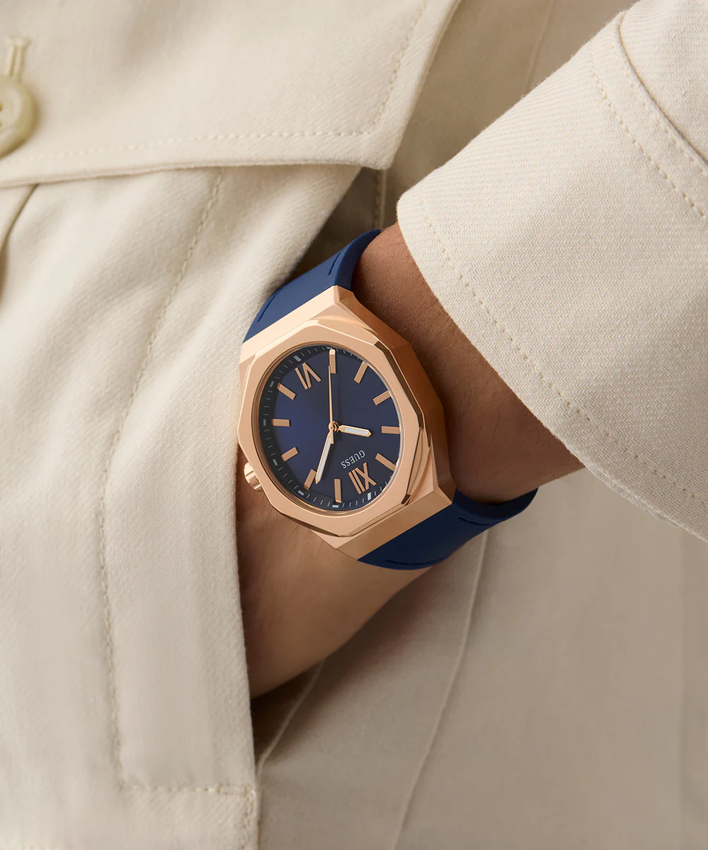 GUESS Mens Blue Rose Gold Tone Analog Watch - Image 6