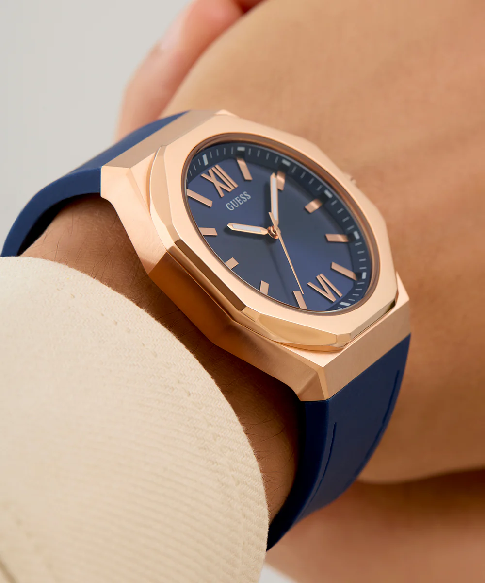 GUESS Mens Blue Rose Gold Tone Analog Watch - Image 8