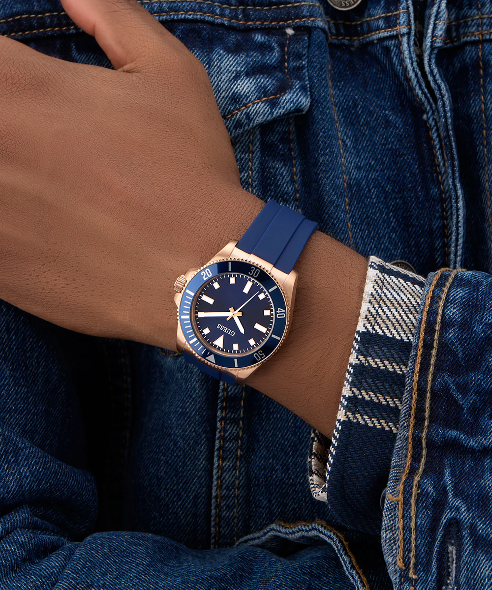 GUESS Mens Blue Rose Gold Tone Analog Watch - Image 2