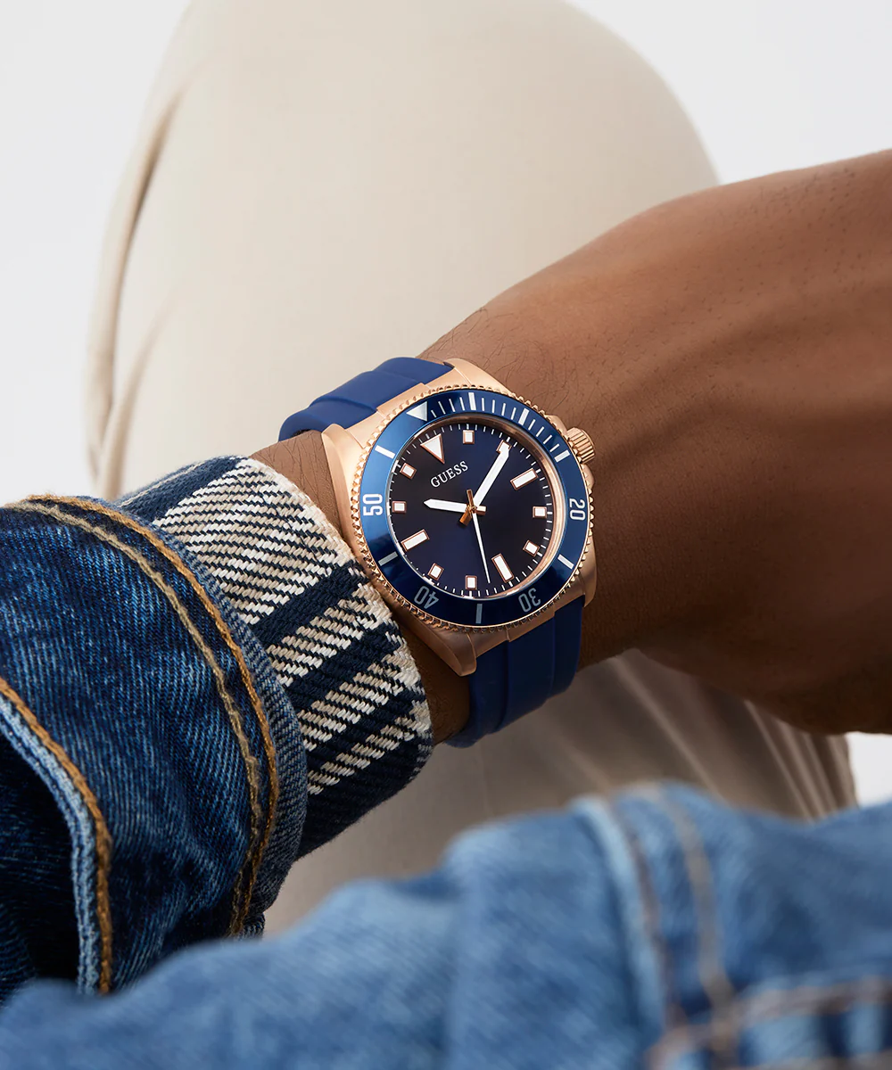 GUESS Mens Blue Rose Gold Tone Analog Watch - Image 6