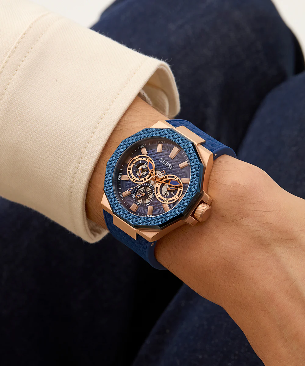 GUESS Mens Blue Rose Gold Tone Multi-function Watch - Image 4