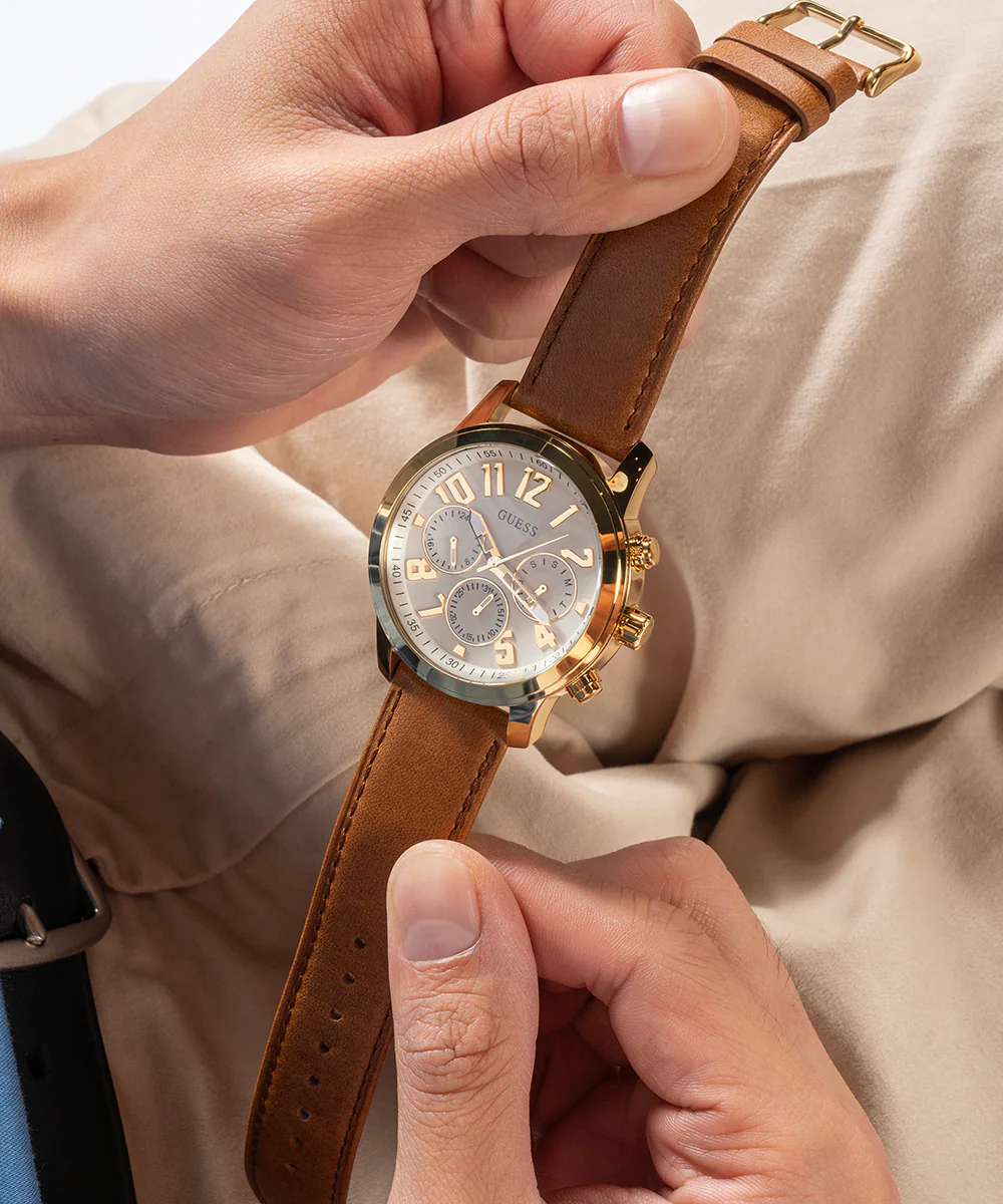 GUESS Mens Brown Gold Tone Multi-function Watch - Image 5