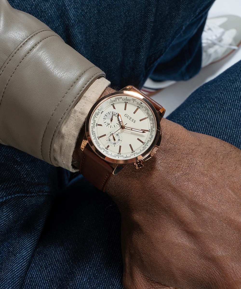 GUESS Mens Brown Rose Gold Tone Multi-function Watch - Image 4