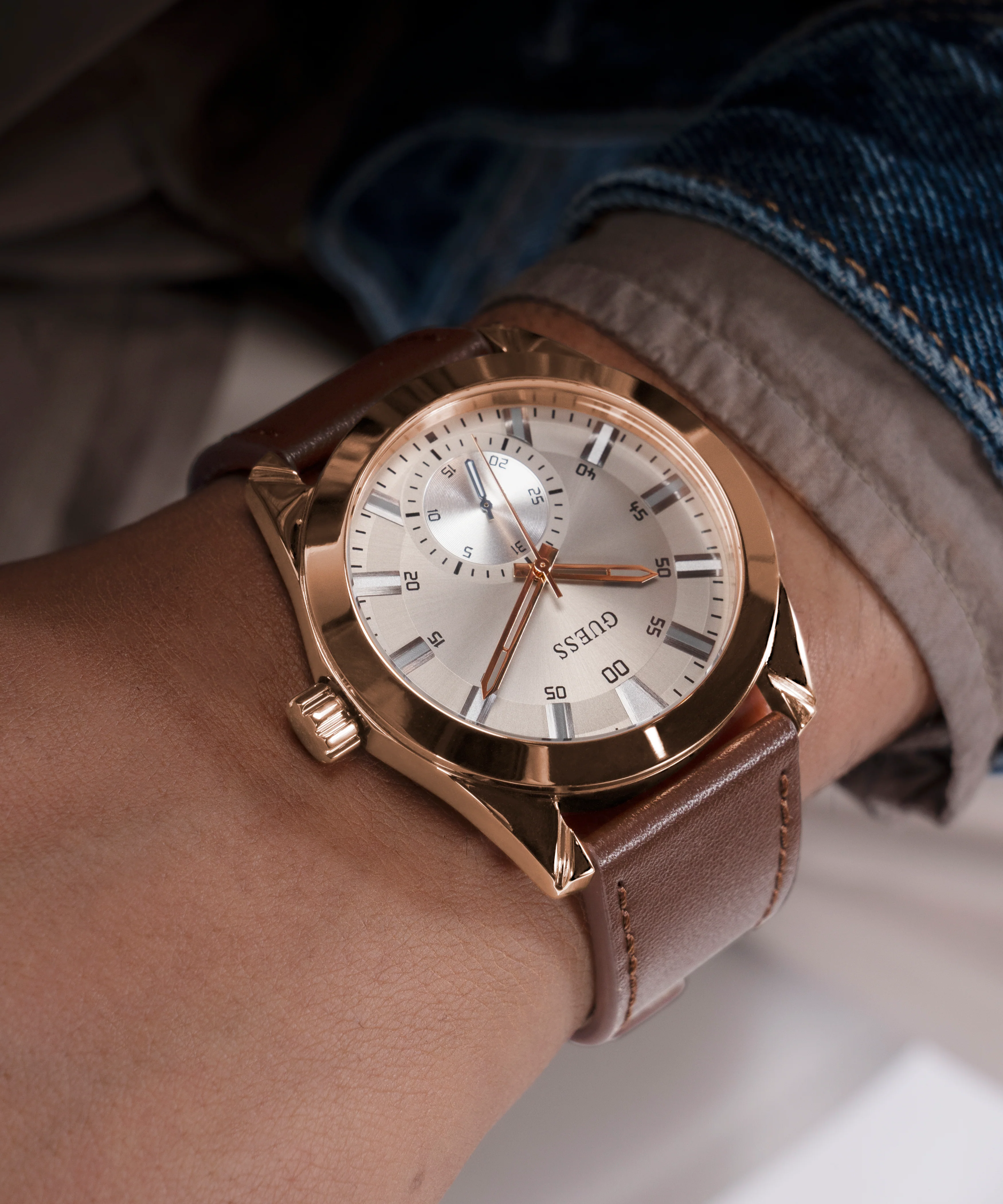 GUESS Mens Brown Rose Gold Tone Multi-function Watch - Image 6