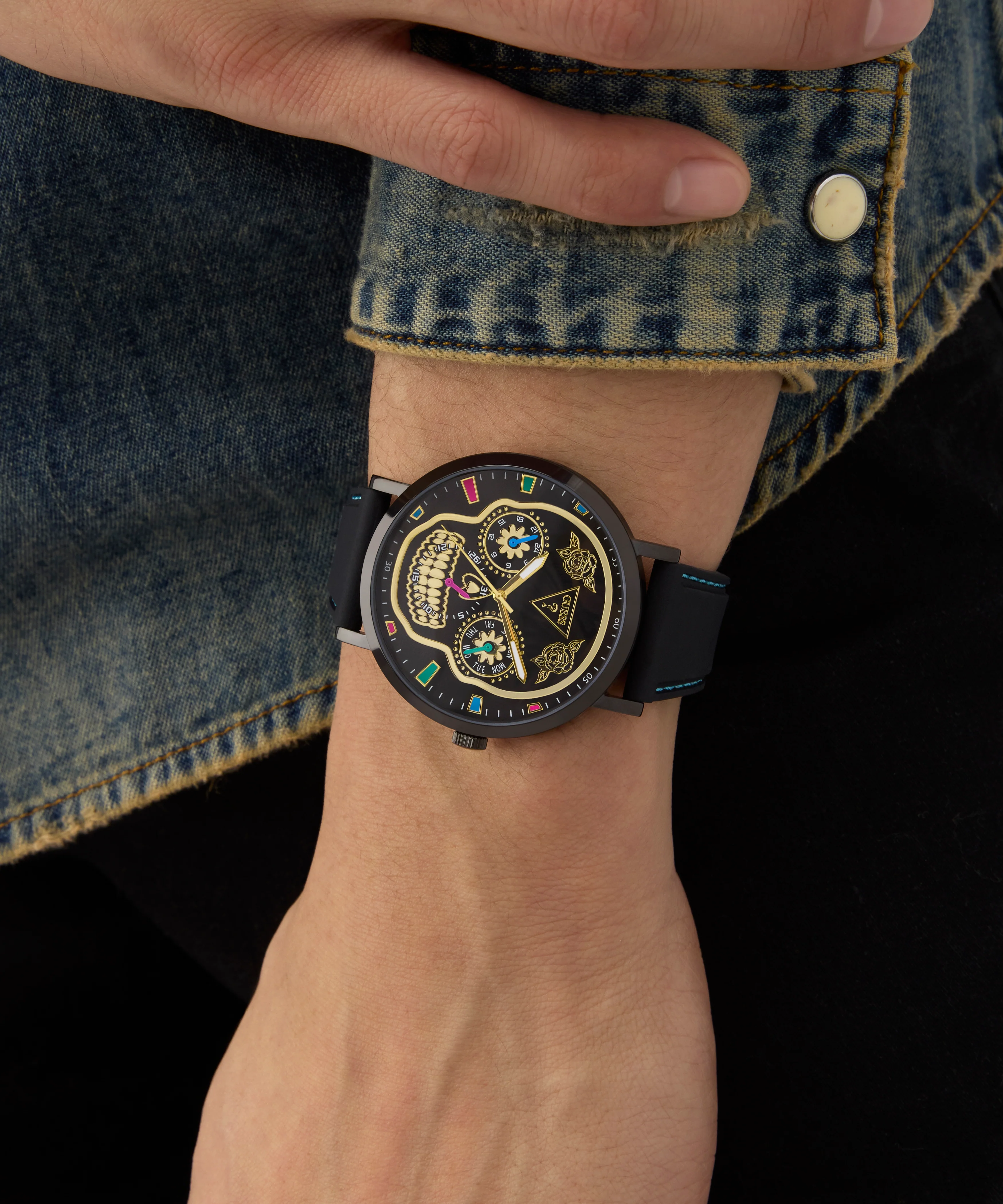 GUESS Mens Day Of The Dead Black Multi-function Watch - Image 6