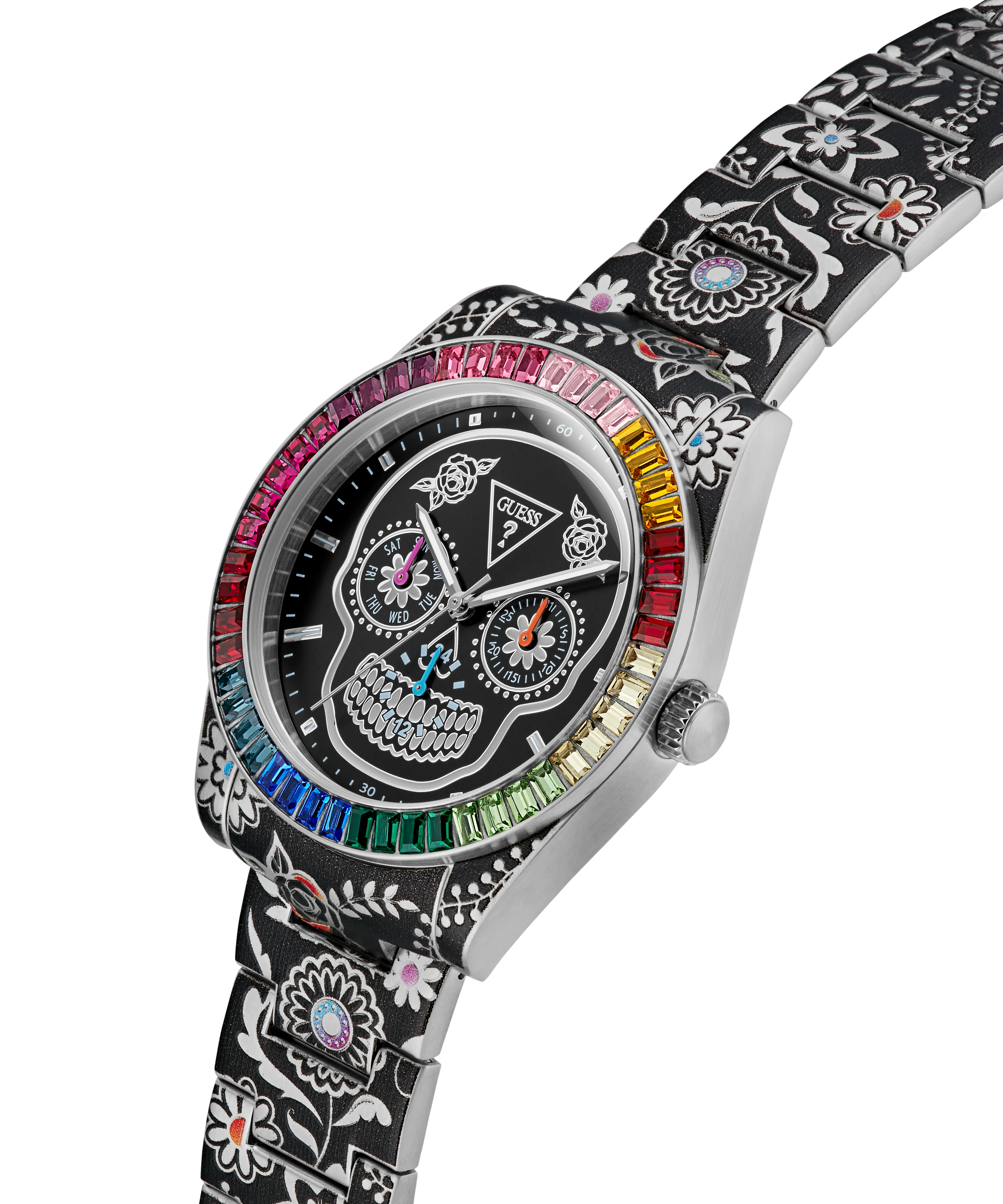 GUESS Mens Day Of The Dead Silver Tone Multi-function Watch - Image 2