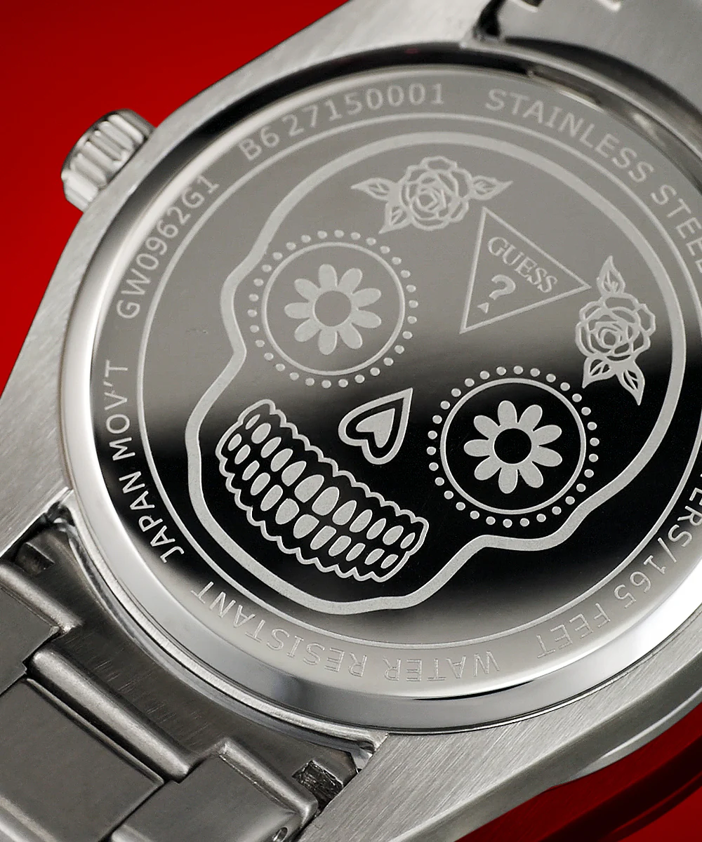 GUESS Mens Day Of The Dead Silver Tone Multi-function Watch - Image 5