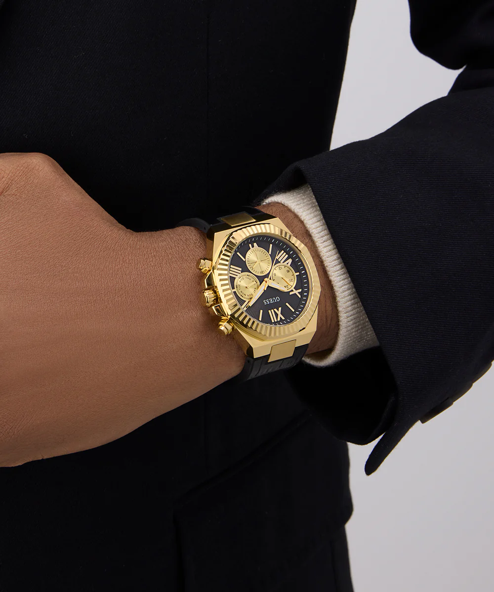 GUESS Mens Equity Black Gold Tone Multi-function Watch - Image 3