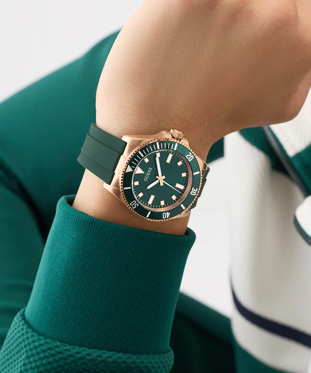 GUESS Mens Green Rose Gold Tone Analog Watch - Image 3