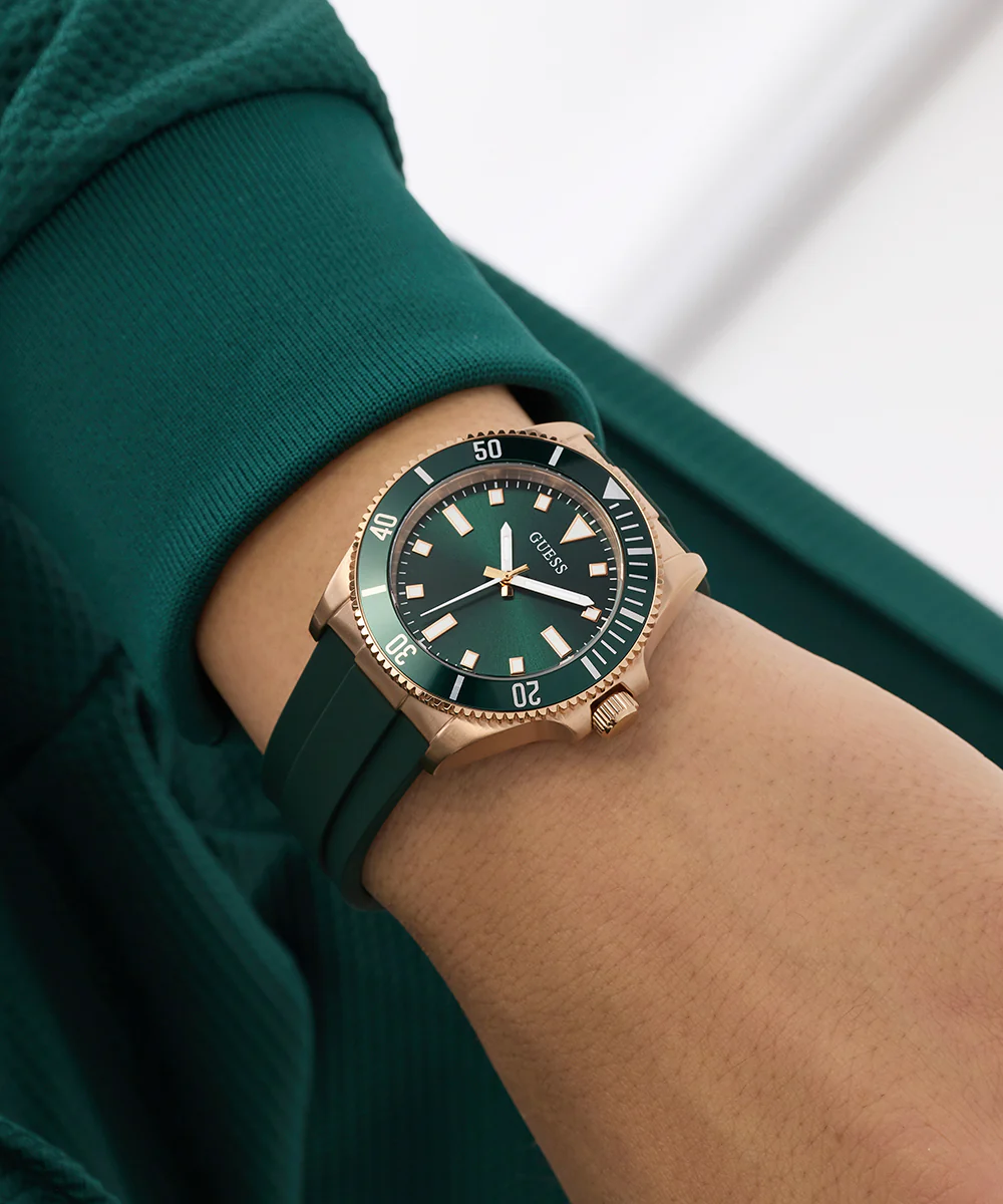 GUESS Mens Green Rose Gold Tone Analog Watch - Image 5