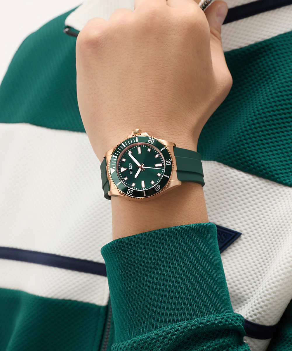 GUESS Mens Green Rose Gold Tone Analog Watch - Image 6