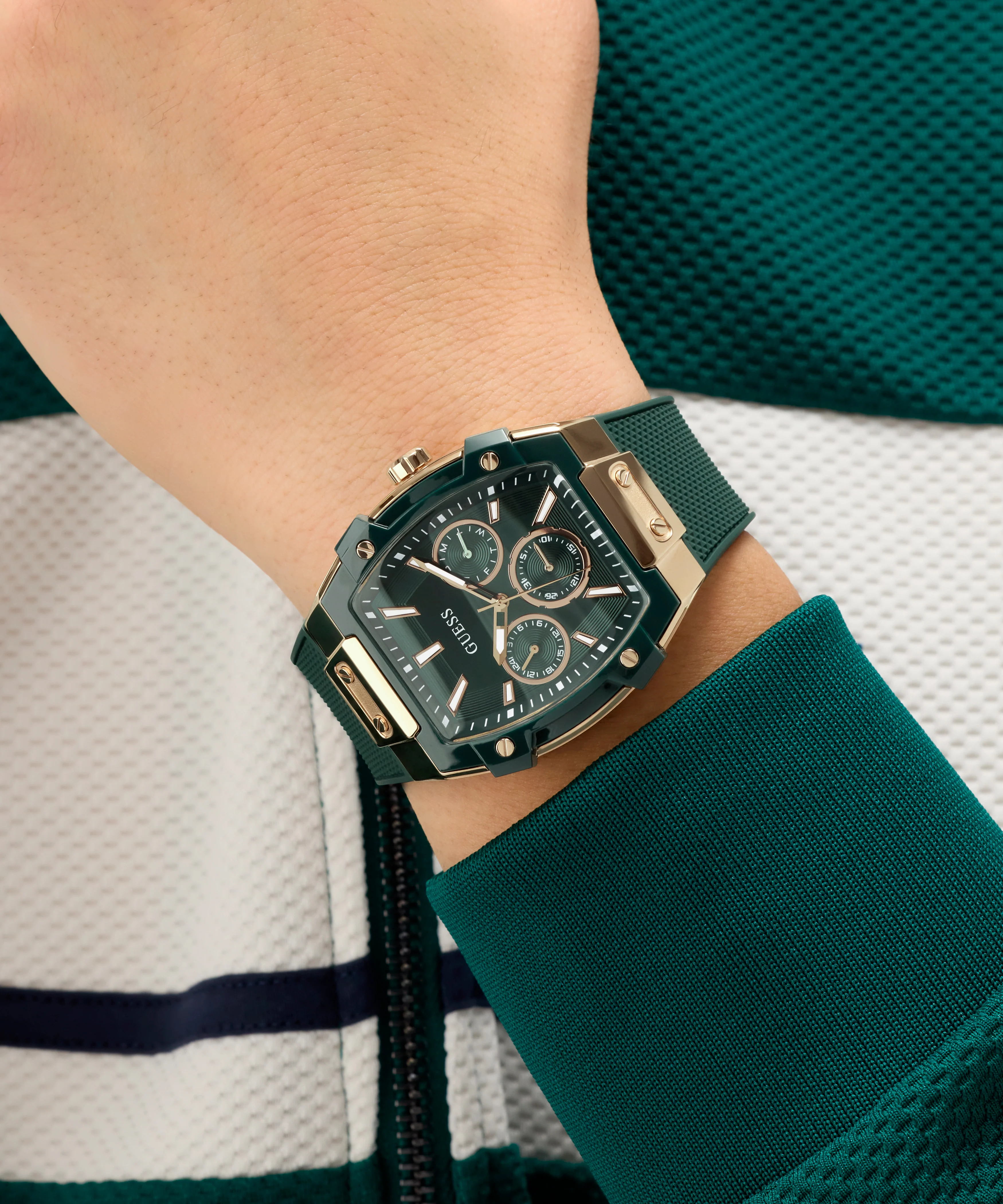 GUESS Mens Green Rose Gold Tone Multifunction Watch - Image 3