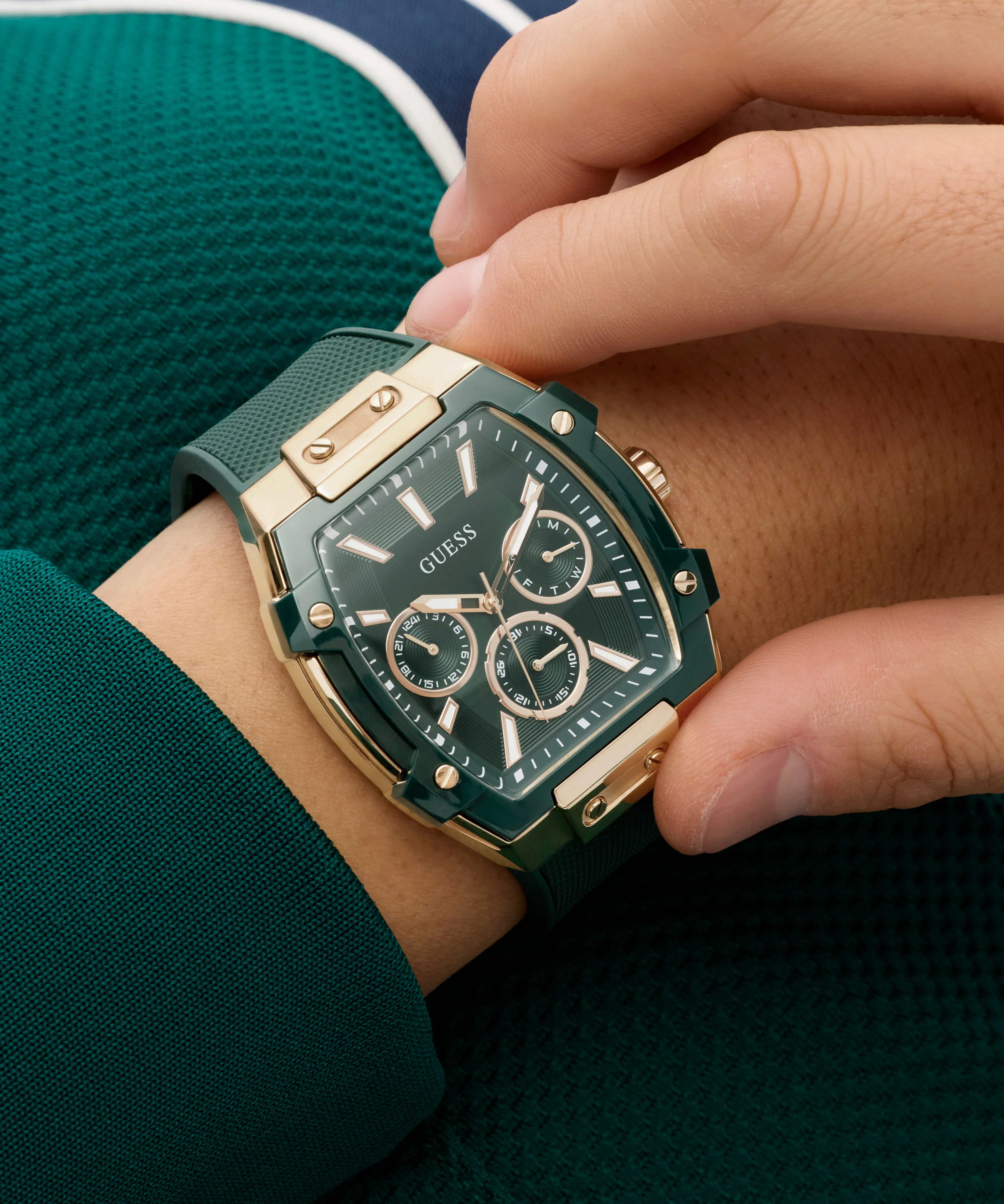 GUESS Mens Green Rose Gold Tone Multifunction Watch - Image 5